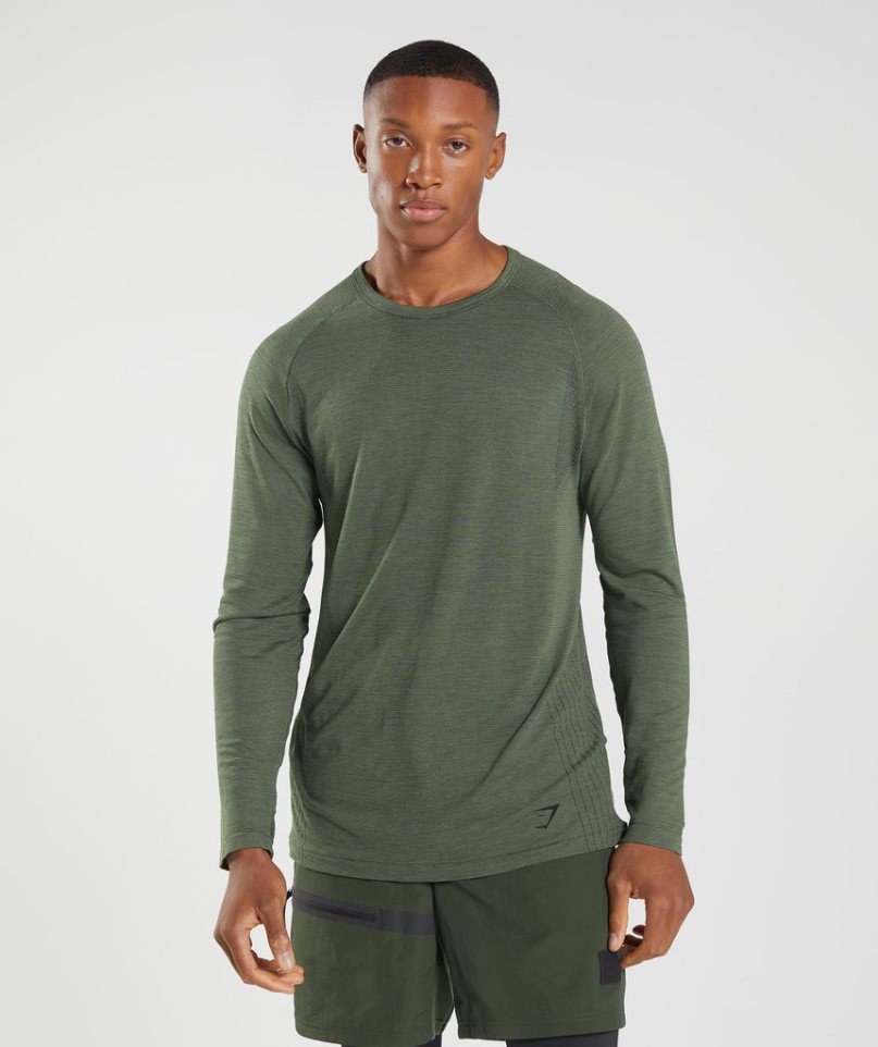 Men\'s Gymshark Retake Seamless Long Sleeve T-Shirts Olive | NZ 3VKEFA